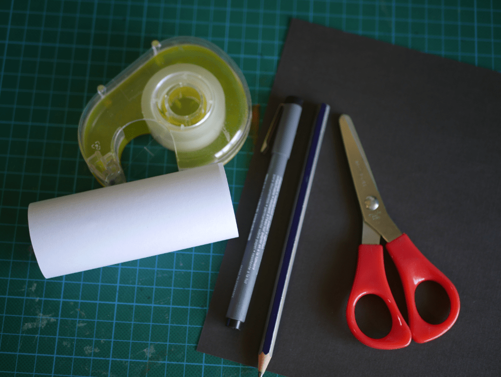 The materials you'll need to make a bat - sticky tape, toilet roll, pen, pencil, scissors and card.